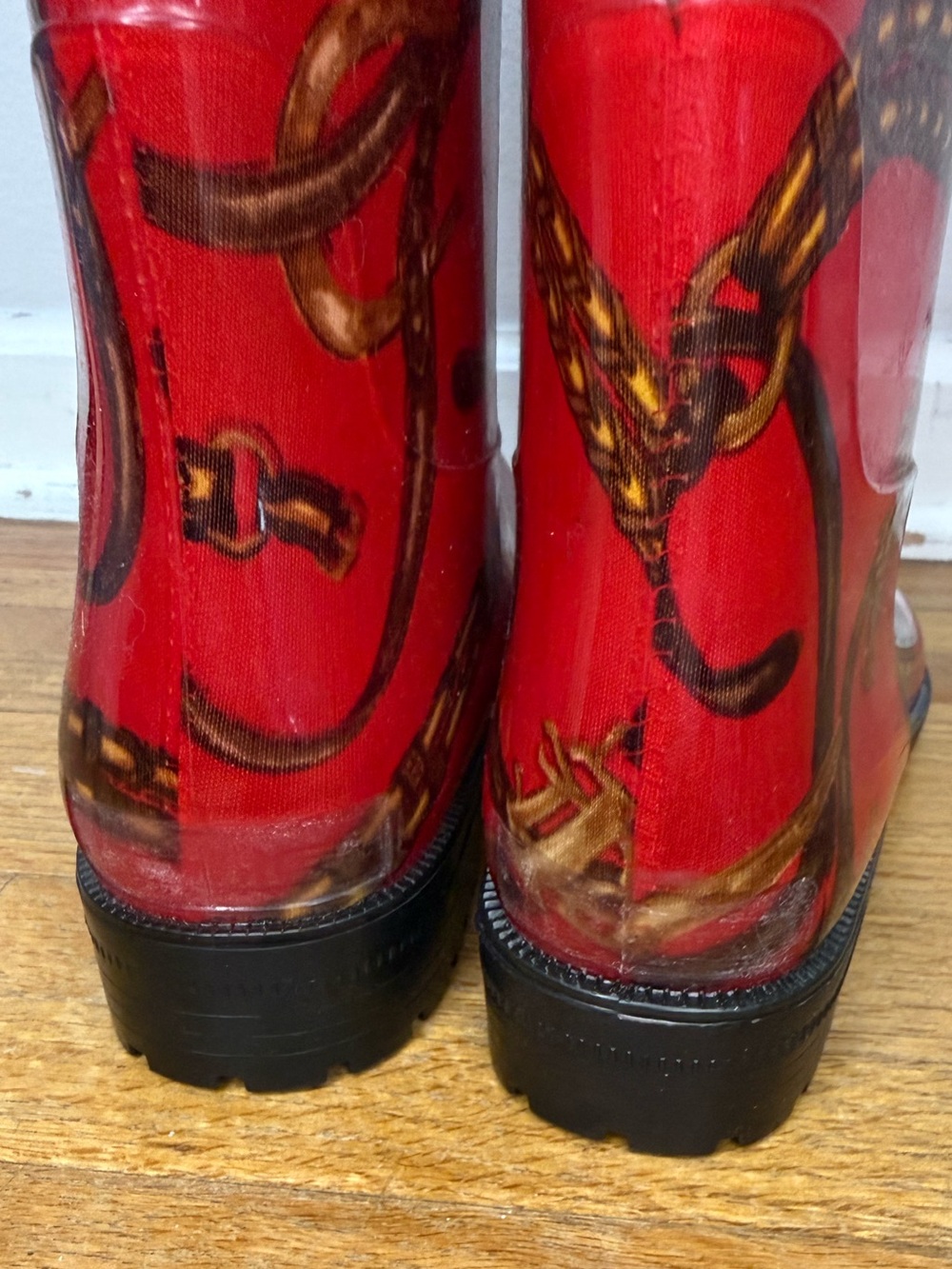 Lauren Ralph Lauren Red Equestrian Chain Print Rain Boots Size 7 - Picture 7 of 10